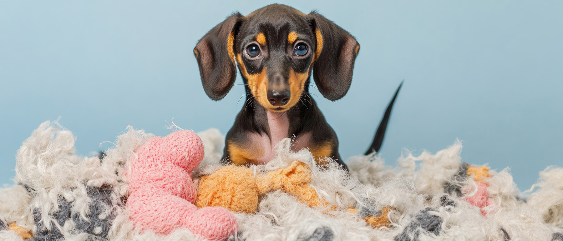 Dachshund Puppy in Toy Stuffing: Innocent Eyes Playful Destructi